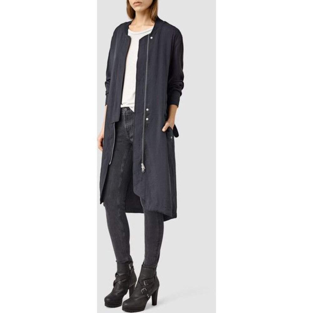 AllSaints Elio Bomber Parka, Black, Lightweight, Zipper, Buttons, US Size 2